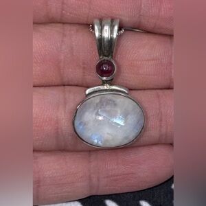 Sterling Silver Natural Rhodolite Garnet Moonstone Multi Stone Pendant Necklace